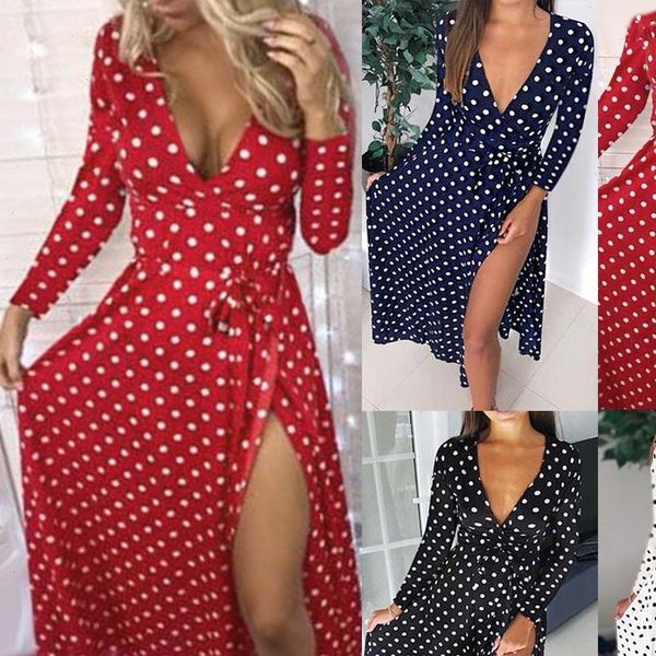 

s 3xl women beach polka dot bandage high split deep v long sleeve maxi dress length vestidos summer dresses party vestido, Black;gray