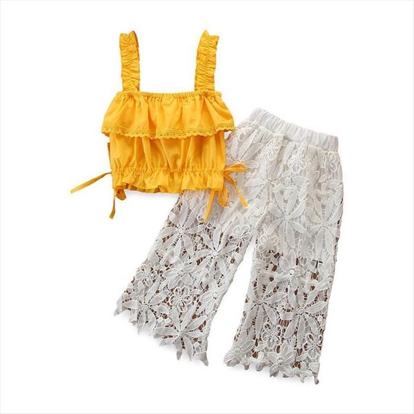 

2 6y fashion infant child baby girls summer clothes sets yellow sleeveless lace floral hollow pants outfit set, White