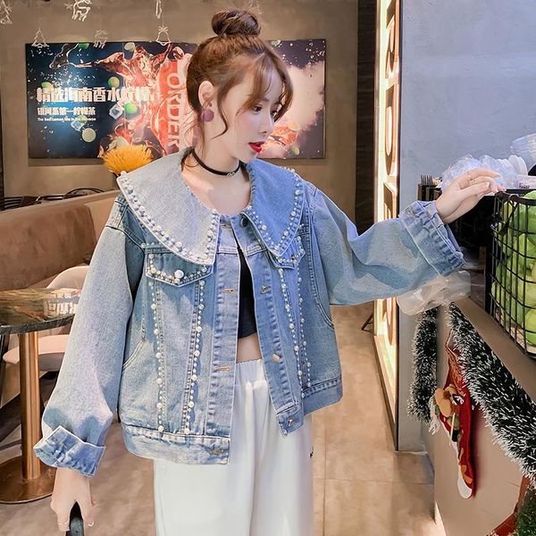 

women's jackets retro heavy beaded denim jacket female 2021 spring and autumn short casual loose fashion lady trend, Black;brown
