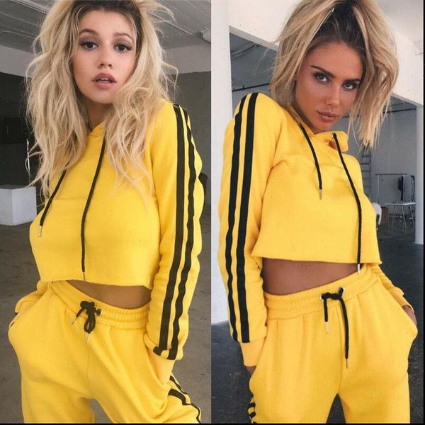 

fashion women ladies 2pcs tracksuit pullover hoodies sweatshirt crop pants tracksuits sets casual wear suits yellow black, Gray