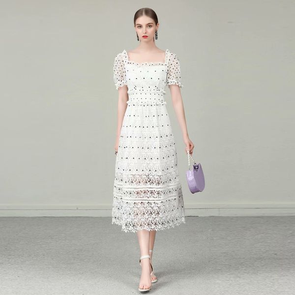 

runway summer new women's fashion party elegant chic pearl dot print water soluble lace midi dress rarj, Black;gray