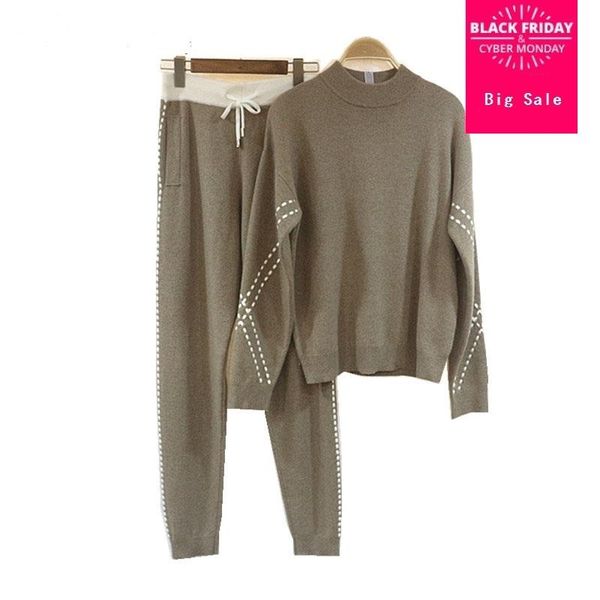 

women's two piece pants winter woolen + cashmere knitted warm suit high collar velvet sweater mink trousers leisure two-piece suits wj1, White