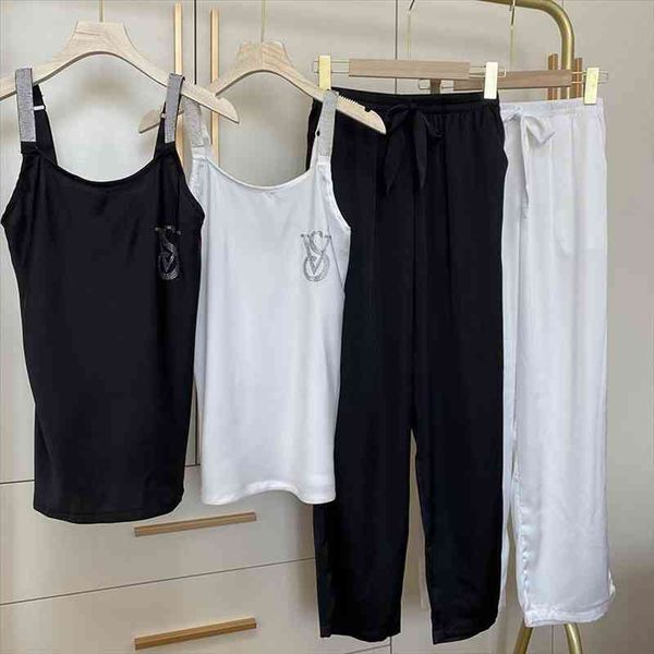 

homewear letter rhinestone pajama sets women sleepwear spaghetti strap design comfort satin pijamas short two piece set, Black;red