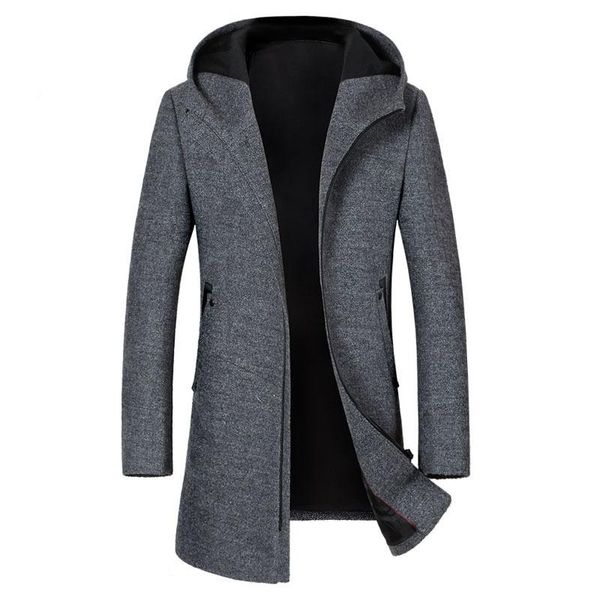 

men's wool & blends 2021 autumn winter casual long manteau cachemire homme slim hooded classiqu laine trench, Black
