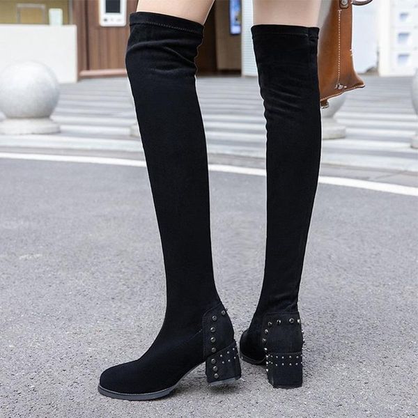 

boots mcckle women's winter warm short plush women knee high ladies heels long boot female fashion shoes 2021, Black