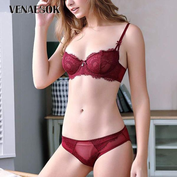 

bras sets 2021 embroidery black underwear set women lace lingerie bra and panty 38 40 42 ultrathin transparent plus size, Red;black