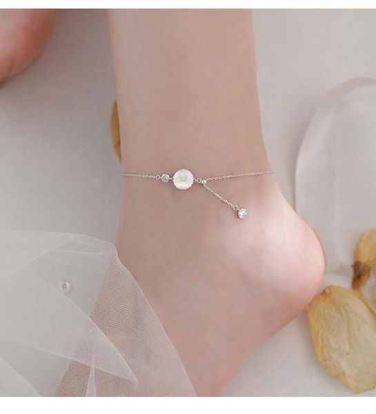 

anklets 925 sterling silver sweet white shell sun flower anklet bracelet for women zircon adjustable chain jewelry, Red;blue