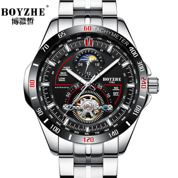 

wristwatches boyzhe waterproof sports mechanical watches men's automatic watch men moon phase business montre homme dropshi, Slivery;brown