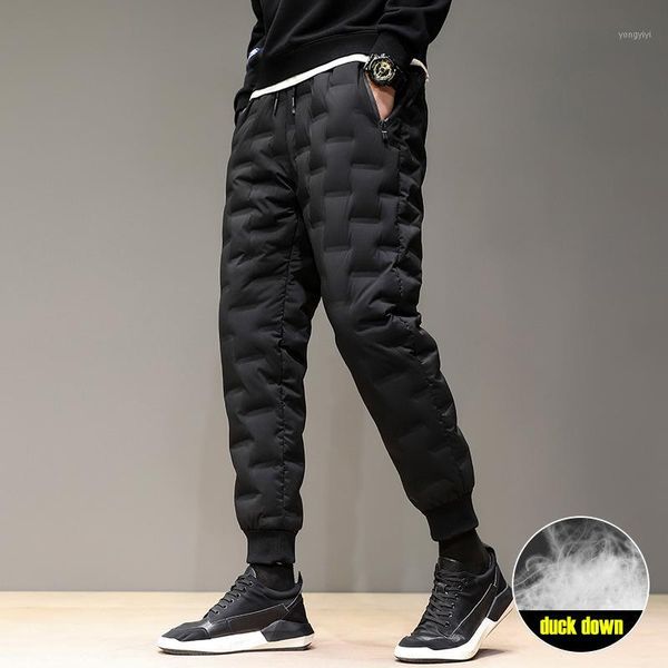 

outdoor pants winter down man thick windproof warm 80% white duck hiking elastic waist scratchproof camping trousers1, Black;green