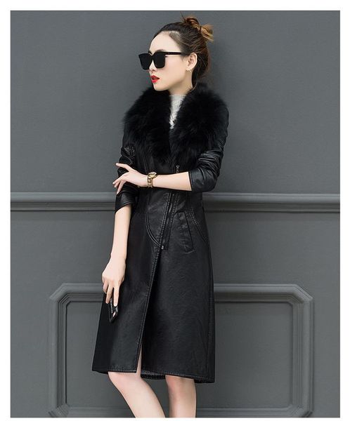 

women's leather & faux 2021 winter fashion big fur collar female jacket korean slim lapel belt pu locomotive coat plus size 4xl 4 color, Black