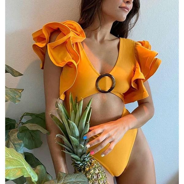 

micendy orange swimsuits women swimwear female ruffle hollow out bathing suits high waist swimming wear one-piece suits monokini