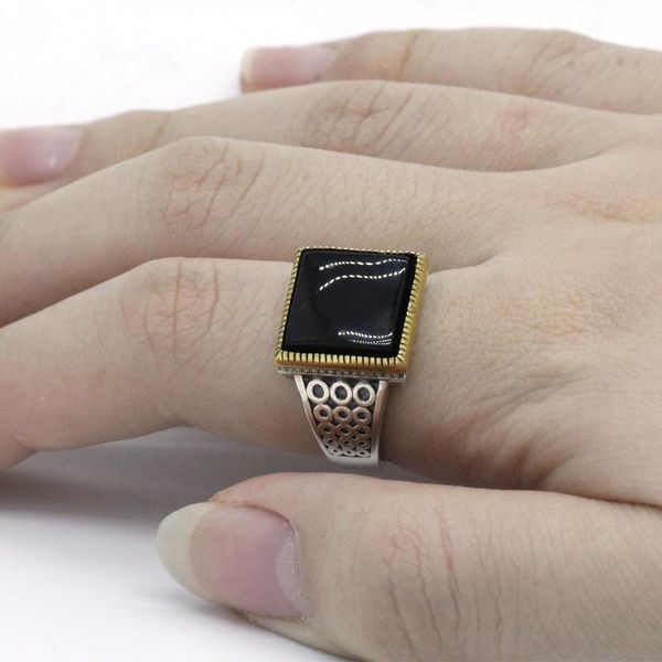 Кластерные кольца квадратные агат кольцо для мужчин 925 стерлингового серебра 925 натуральный черный камень классические женщины турецкие украшения