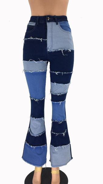 

2021 new color block high waist flare jeans with pockets streetwear ladies trousers bell bottoms ny denim pants c67h om7t, Blue