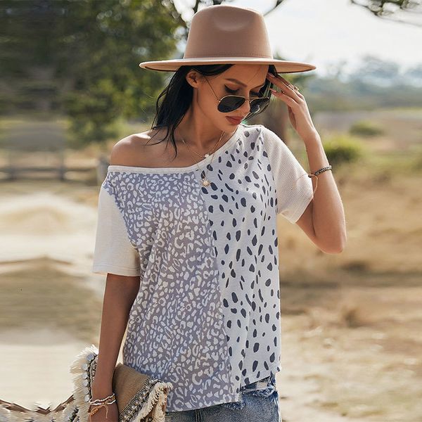 

spring new leopard patchwork color women 2021 short sleeve o neck blouses ladies summer holiday style pullover malp, White