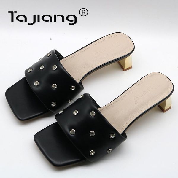 

ta jiang new authentic fashion casual simple summer ladies sandals, metal rhinestone square toe flip flop sandals t5566-3, Black