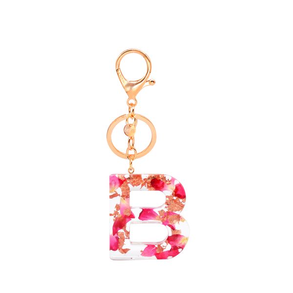 

new fashion english letter keychain resin flowers red rose petal foil filling pendant key chain handbag charms for woman, Silver
