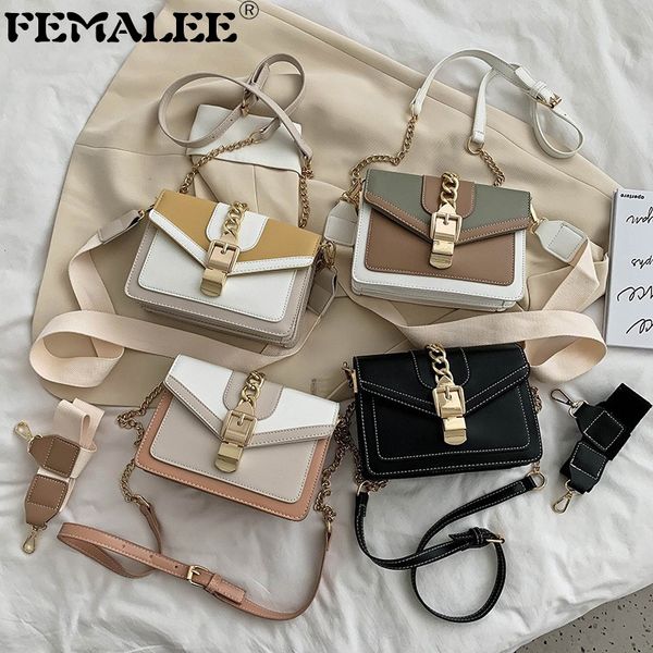 

contrast color wide shoulder strap crossbody purses for women 2021 chains lock luxury designer messenger sac lady small handbags c0228