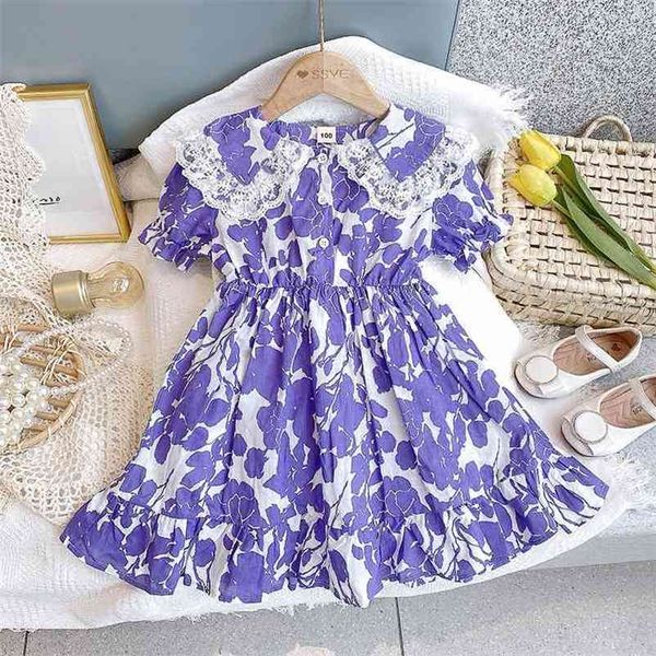 Gooporson Sommer Kinder Kleider für Mädchen Lila Blume Spitze Kragen Kurzarm Prinzessin Kleid Vestidos Mode Kinder Kostüm 210715