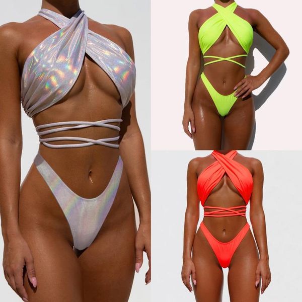 

women's swimwear bandage two piece swuit women sequins halter thong bikini set padded swimsuit bathing suit 2021, White;black
