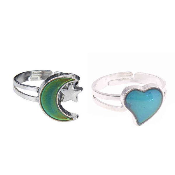 

2pcs color change emotion feeling mood ring changeable band adjustable finger ring - moon and star shape & moon and star shapepl g1125, Slivery;golden