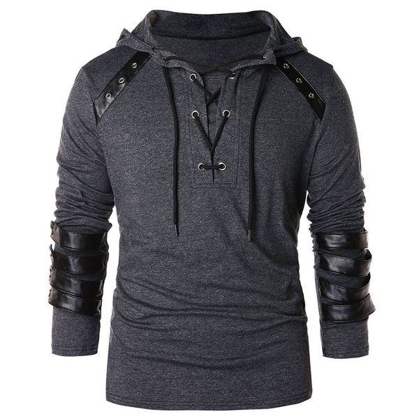 

men hoodie plus size punk pu leather long sleeve lace up black blue streetwear gothic casual hooded sweatshirt spring 201113
