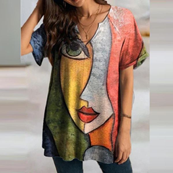

women's t-shirt retro abstract girls printed women 2021 spring summer short sleeve loose pullover casual v-neck streetwear tee shirt, White