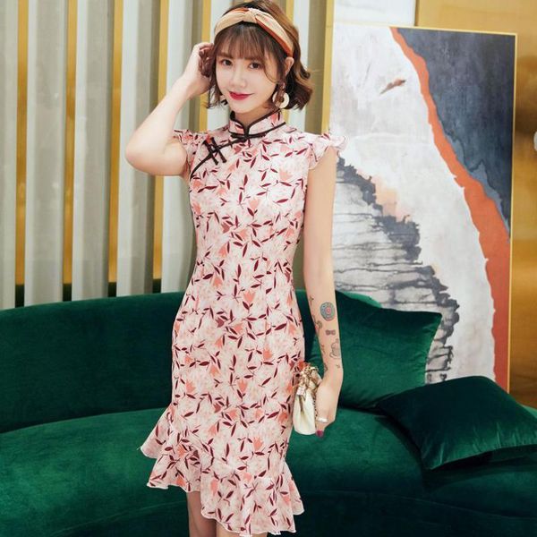 

ethnic clothing print flower leaf cheongsam sleeveless qipao short mandarin collar chinese traditional dress gown chiffon vestido, Red