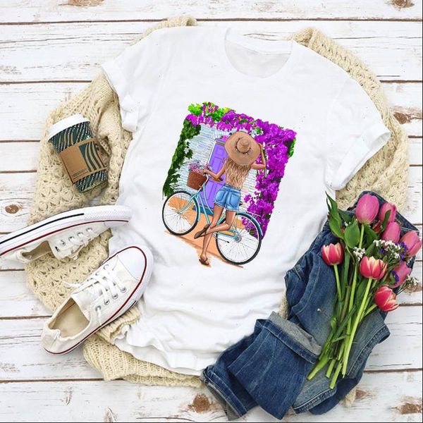 

women graphic cartoon flower girl vacay flower fashion summer shirt lady clothes t shirt womens clothing tee female t shirt, White