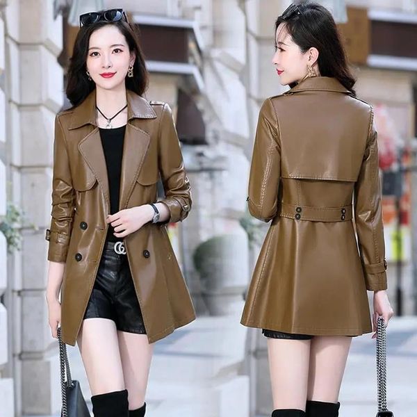 

women's leather & faux mid-length 2021 spring and autumn fashion ladies waist jacket coat windbreaker, Black