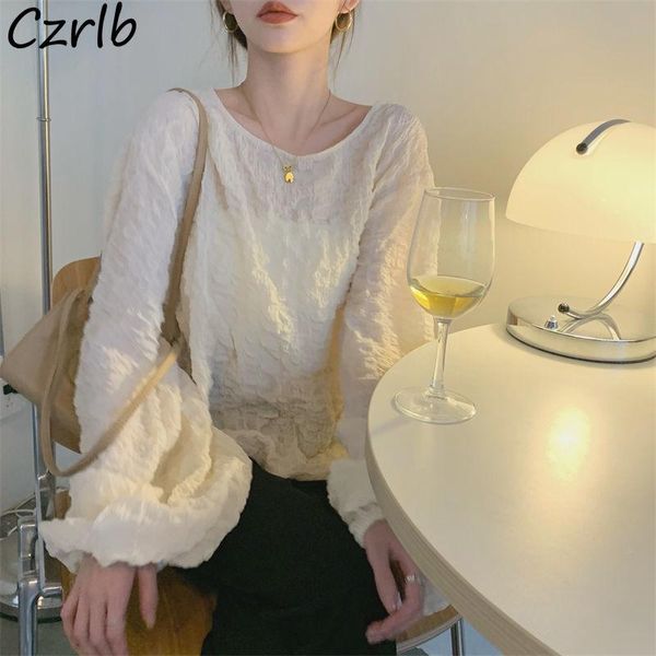 

women's blouses & shirts women tender korean style lady o-neck solid all-match dating retro long sleeve trendy ulzzang sweet fairy fem, White