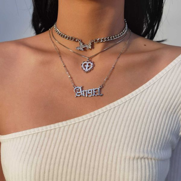 

creative jewelry fashion simple multi-layer clavicle neck chain alloy letter set necklace female, Silver