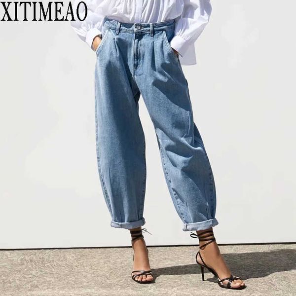 

za vintage stylish pockets darts jeans women fashion high waist zipper fly denim harem pants chic jean femme trousers 210602, Blue
