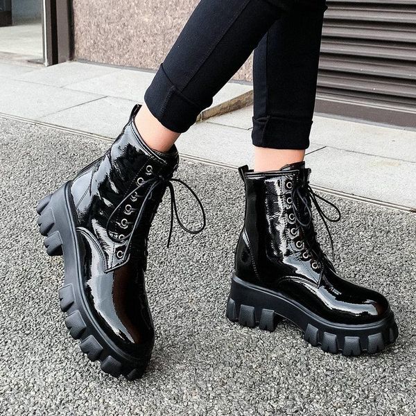 

boots spring autumn women fashion patent leather ankle thick low heel platform lace up winter plush shoes woman, Black