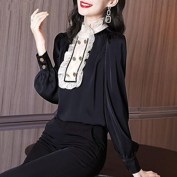 

women's blouses & shirts 2021 hit color wood ear shirt women spring and autumn all-match retro hong kong flavor blouse, White