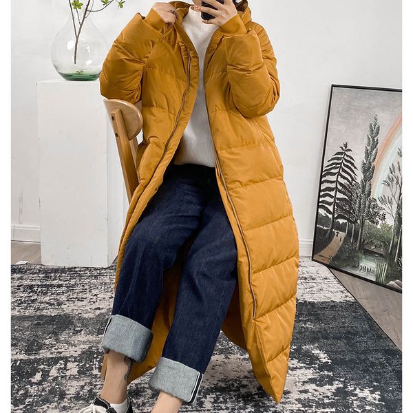 

2021 new women's long down jacket zipper simple casual hooded winter fashion coat outwear 04y5, Black