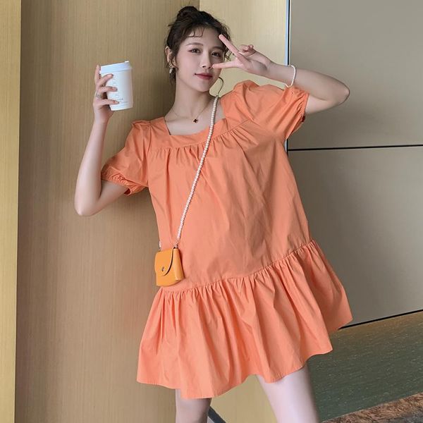 

maternity dresses 719# clothes summer short sleeves square collar plain color loose stylish dress pregnant women pregnancy, White