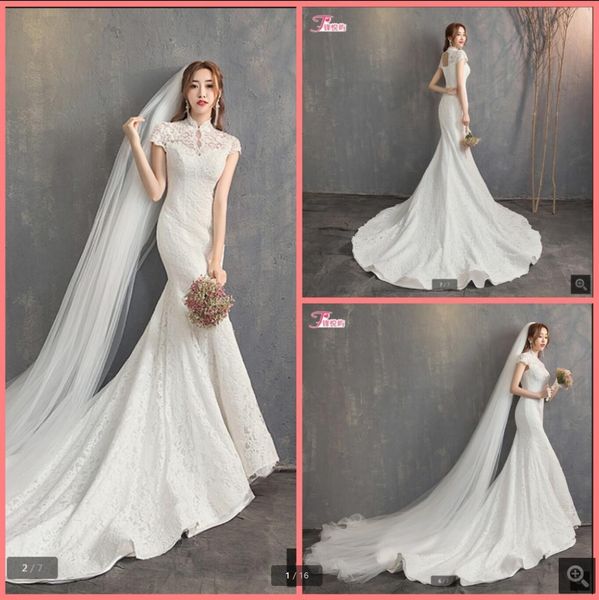 

2021 new arrival white lace mermaid wedding dress high neckline appliques beaded with cap sleeve wedding gowns hollow back wedding gown