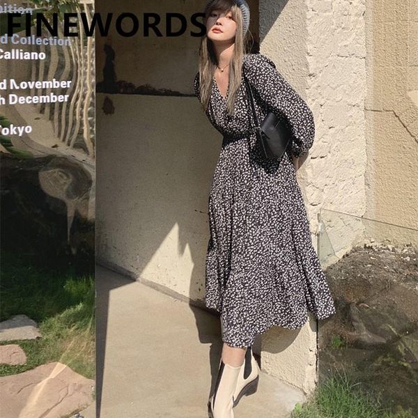 

casual dresses fiords vintage spring black floral dress women korean printed long sleeve v neck a line elegant party, Black;gray