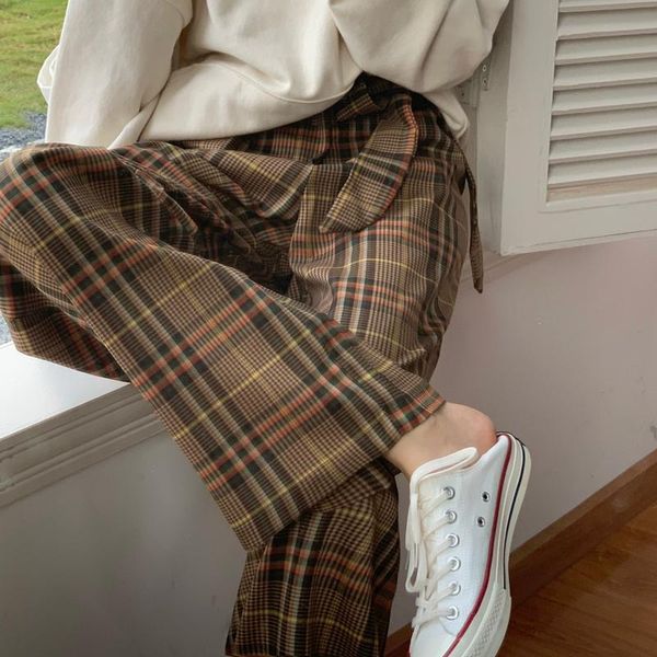 

women's pants & capris loose plaid suit women spring autumn casual high waist straight hip hop cool streetwear trousers females, Black;white