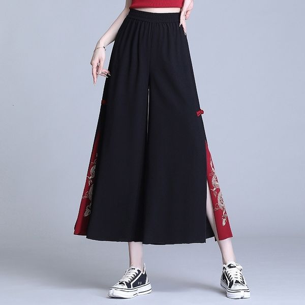 

men's casual shirts japanese fashion chiffon hippie women wide leg trousers chinese style embroidery kung fu pants japon black long kim, White;black