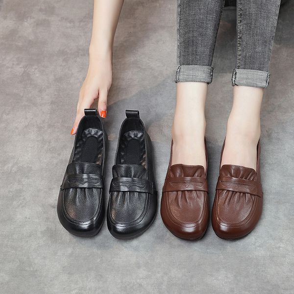 

2021 autumn british leather soft sole single shoe women's flat heel comfortable driving leisure lazy lefu sho, Black