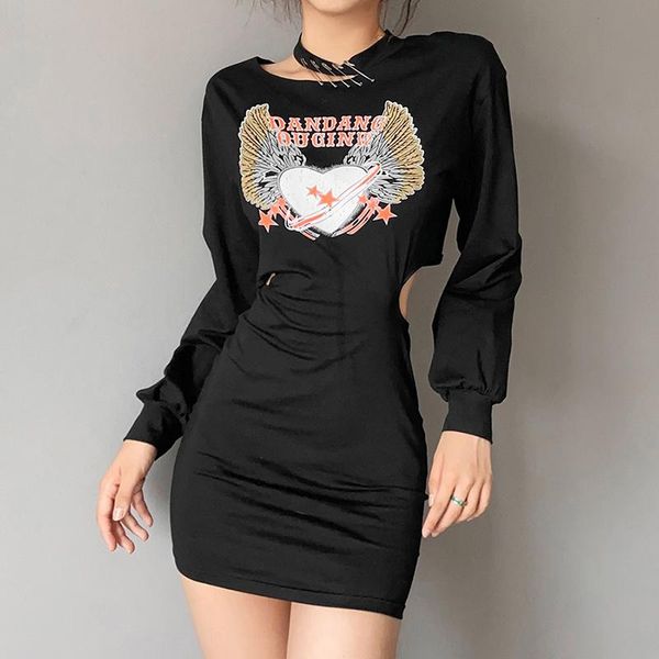 

casual dresses women's hollow long-sleeved printed dress fashion all-match temperament slim bag hip skirt autumn, Black;gray