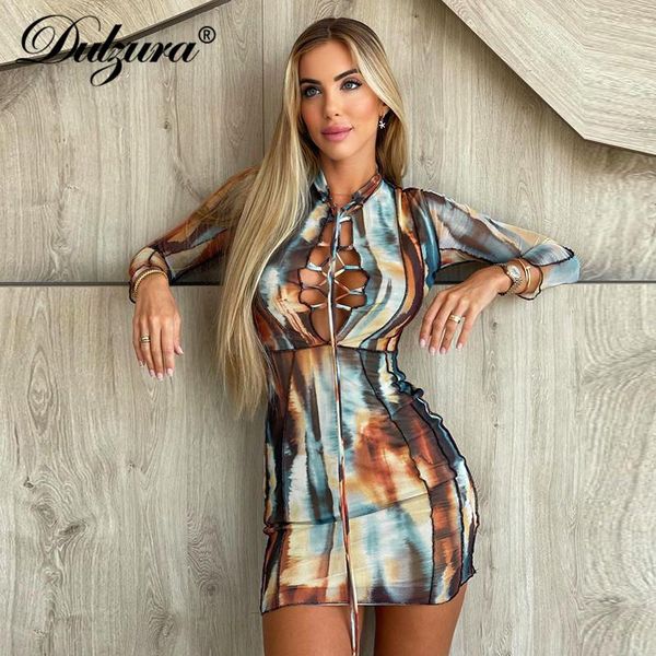 

casual dresses dulzura tie dye print women long sleeve lace up hollow out mini dress bodycon streetwear party club 2021 autumn winter s, Black;gray