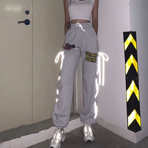 

hip hop letter side reflective bandage pants new elastic band leggings for autumn, Black;white