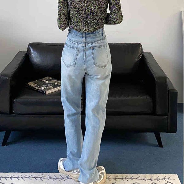 

women's jeans calÃ§a jeans de cintura alta, feminina, , nova, bÃ¡sica, azul, perna larga, coreana, slipt, esfrega btok, Blue