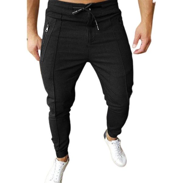 

men's pants men casual plain trousers skinny lace up zip pocket drawstring outdoor mens clothing, Black