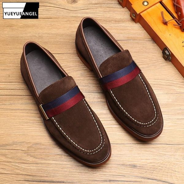 

british style mens new round toe slip-on dress shoes cow suede mixed colors rubber sole breathable fashion outdoor leather shoe, Black