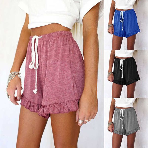 Moda Ruffle Hem Belted Mulheres Shorts Casual Sólida Sólida Calções de Algodão Calças Curtas Mulheres Mulheres Alto Cintura Verão Plus Tamanho 210611