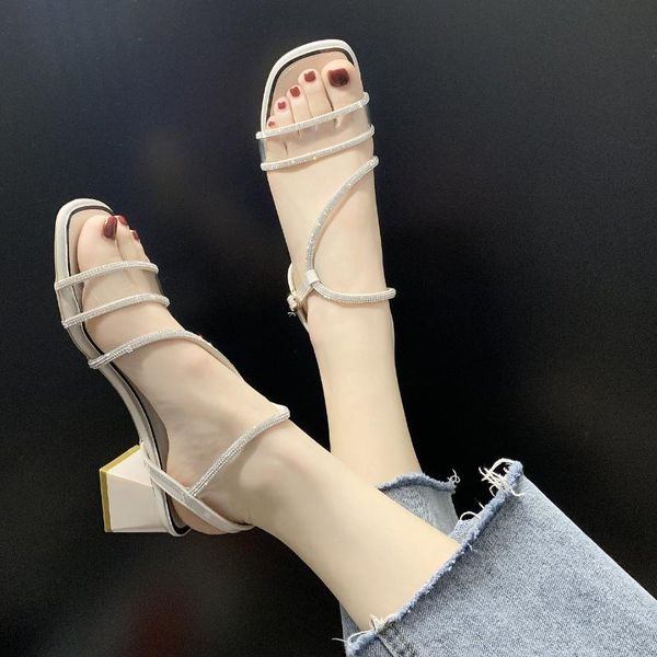 

block heels open toe fashion womens shoes 2021 rhinestone sandals buckle strap all-match med suit female beige chunky peep luxur, Black