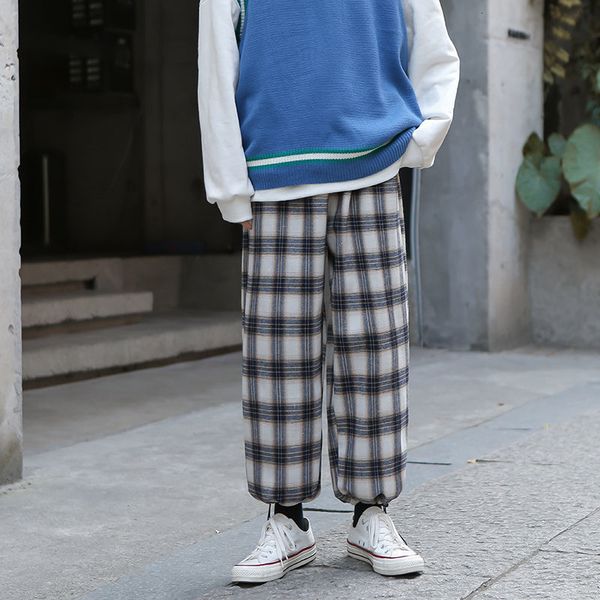 

2021 new winter plus veet thick plaid men's fashion retro casual men streetwear loose hip-hop straight wide-leg pants mens gwlr, Black